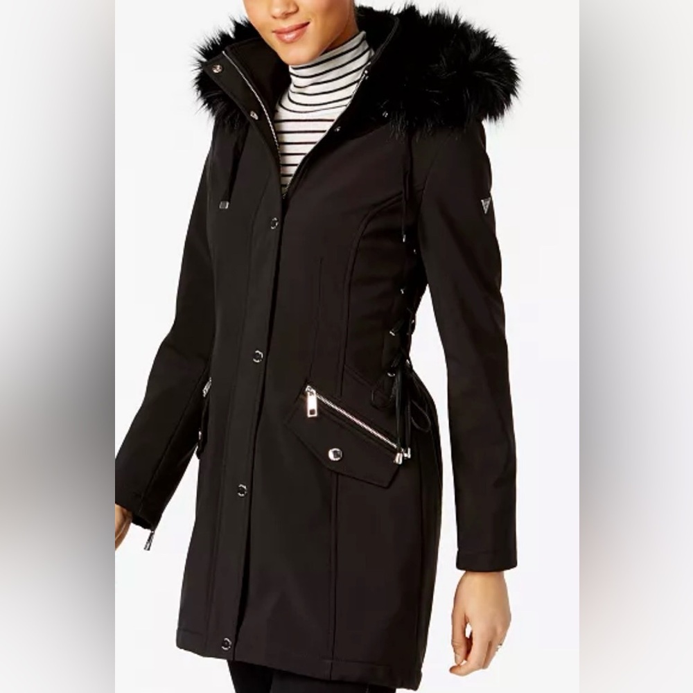 🆕 Guess Black Hooded Coat with Fur Trim - Picture 2 of 10